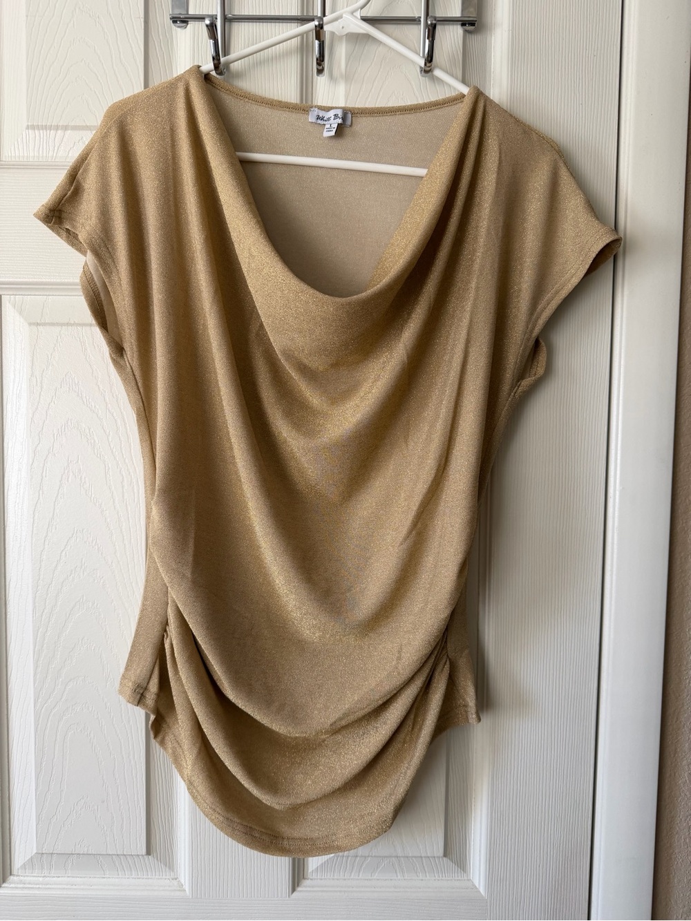 white birch Metallic Gold Draped Cowl Neck Top